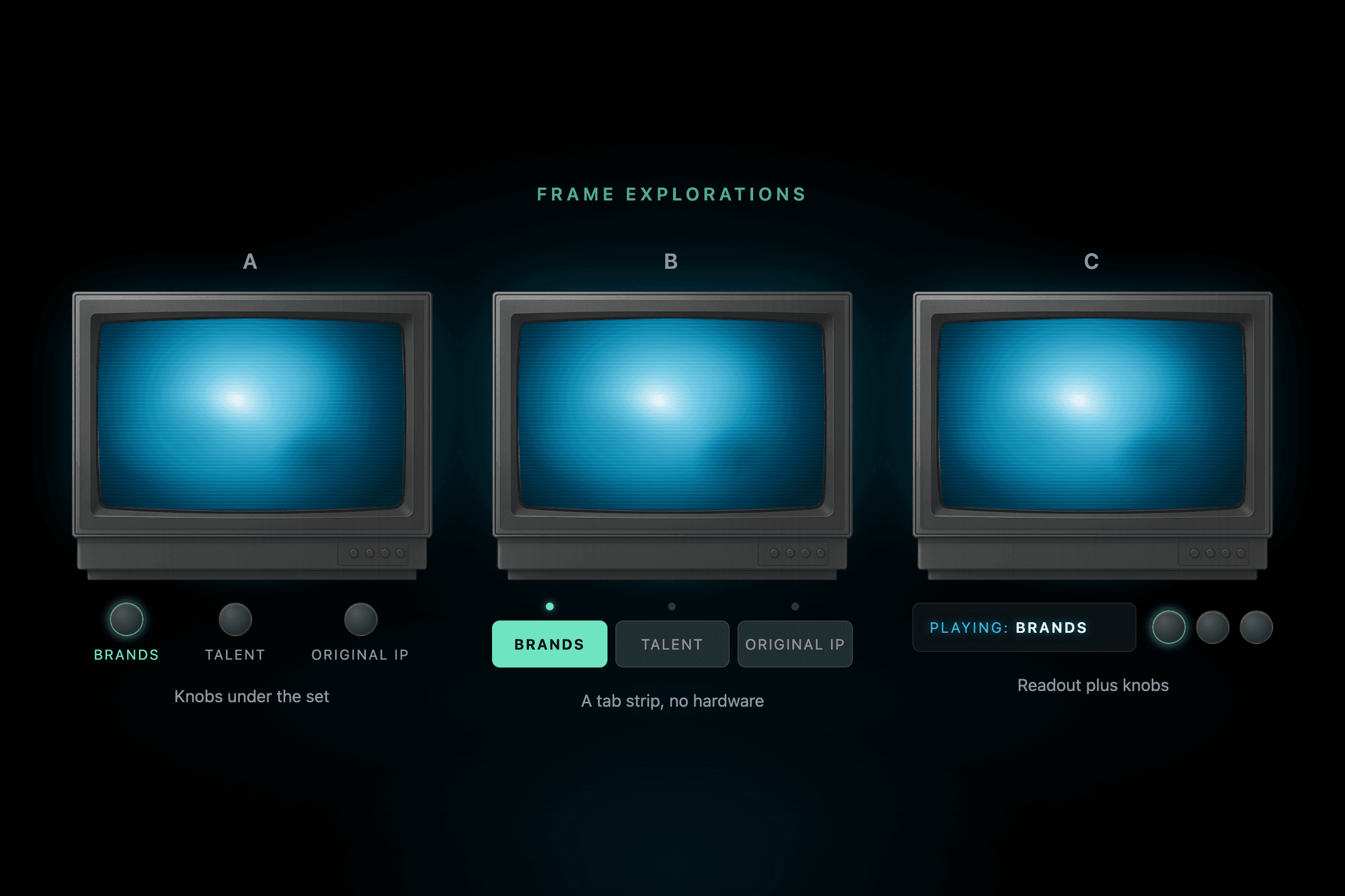 Three concepts for switching reels — knobs under the set, a tab strip, and a readout with knobs