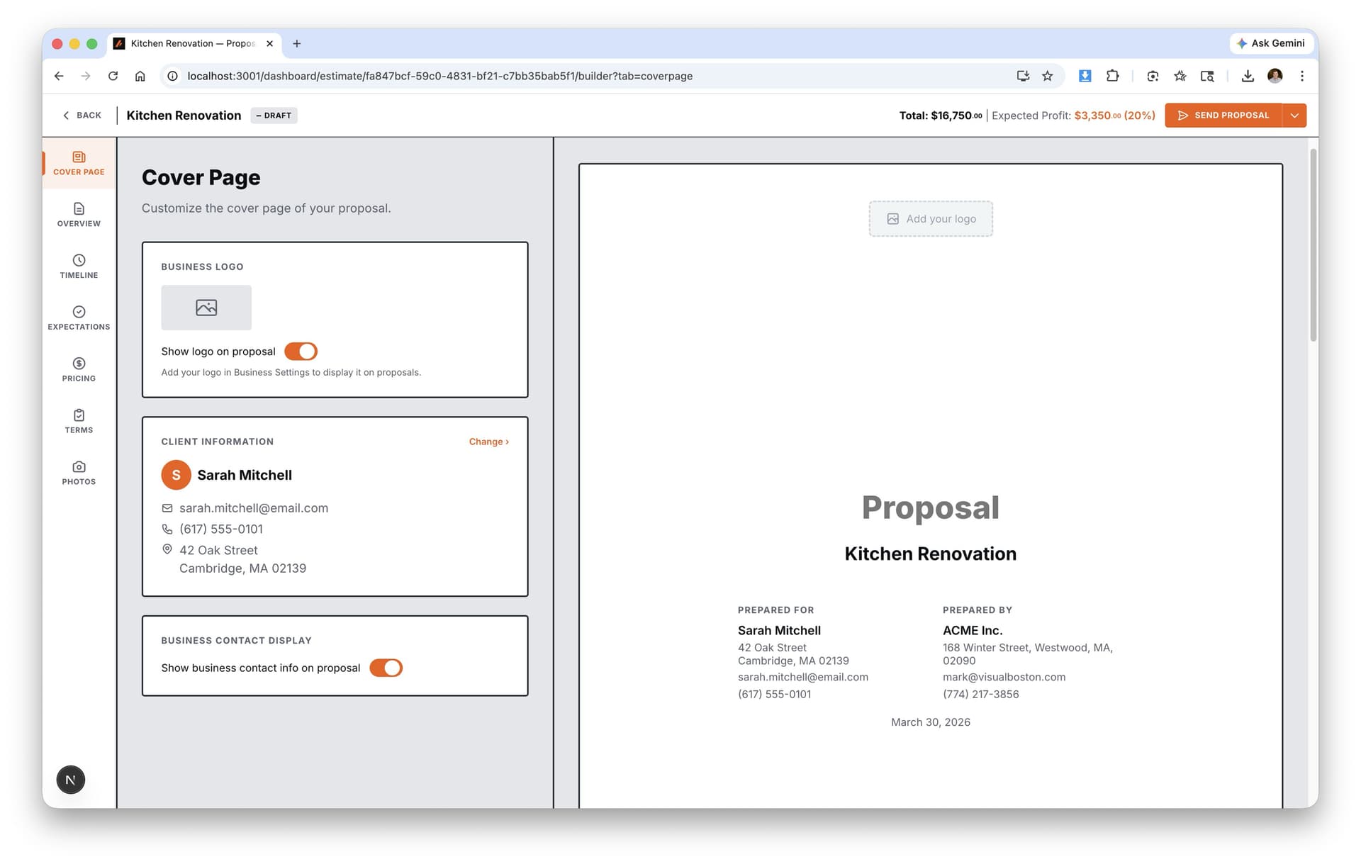 Customize a professional cover page with your logo, client details, and contact info.