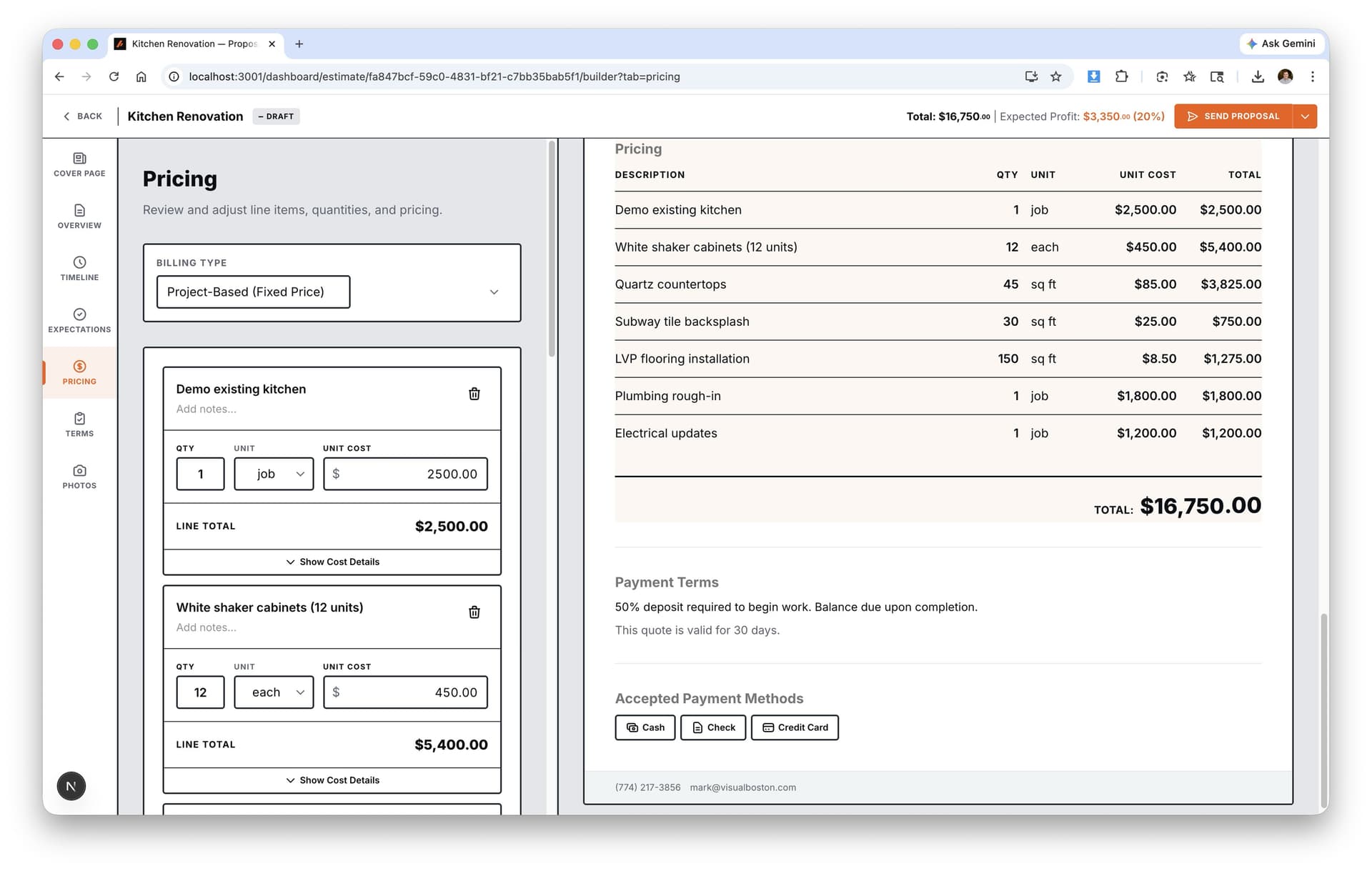 Edit line items, quantities, and unit costs with a live preview of the finished proposal.
