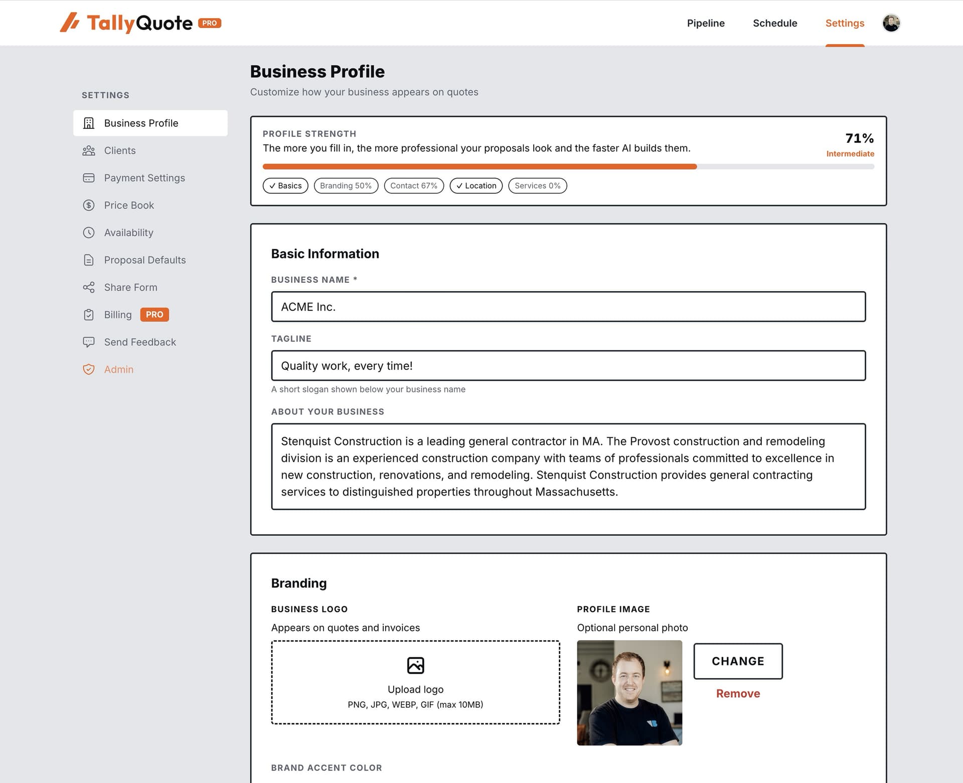 Set up your business profile once and TallyQuote uses it to brand every proposal.