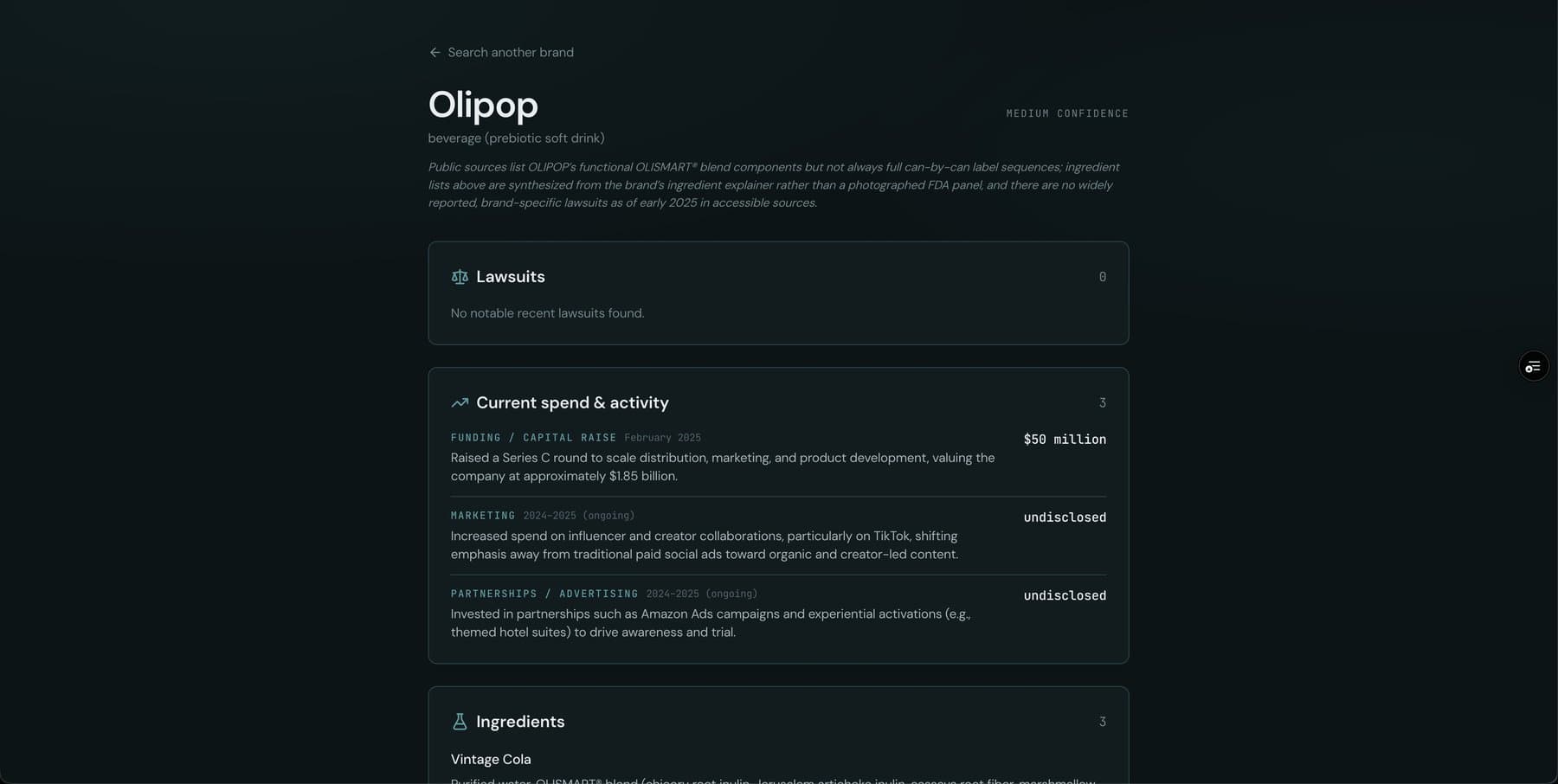 Brand Intel Lookup results for a sample brand: lawsuits, current spend and activity, and ingredients, all on one screen