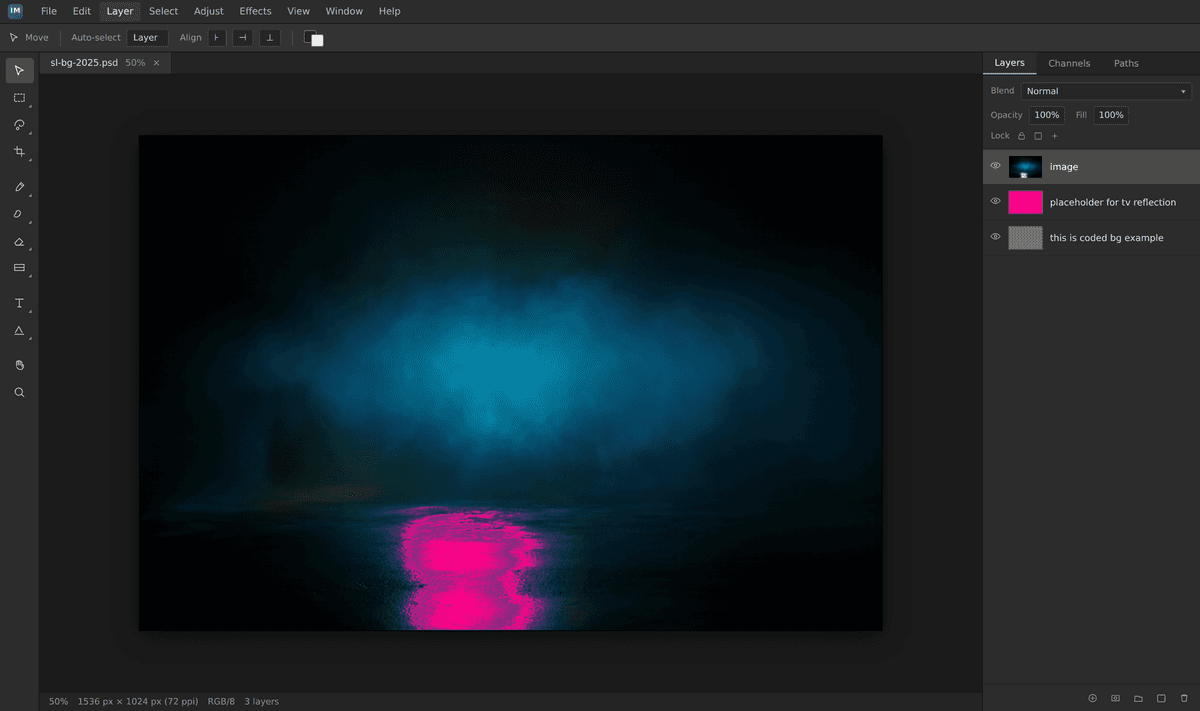 The background and lighting in progress, with the reflection blocked out in magenta under the set