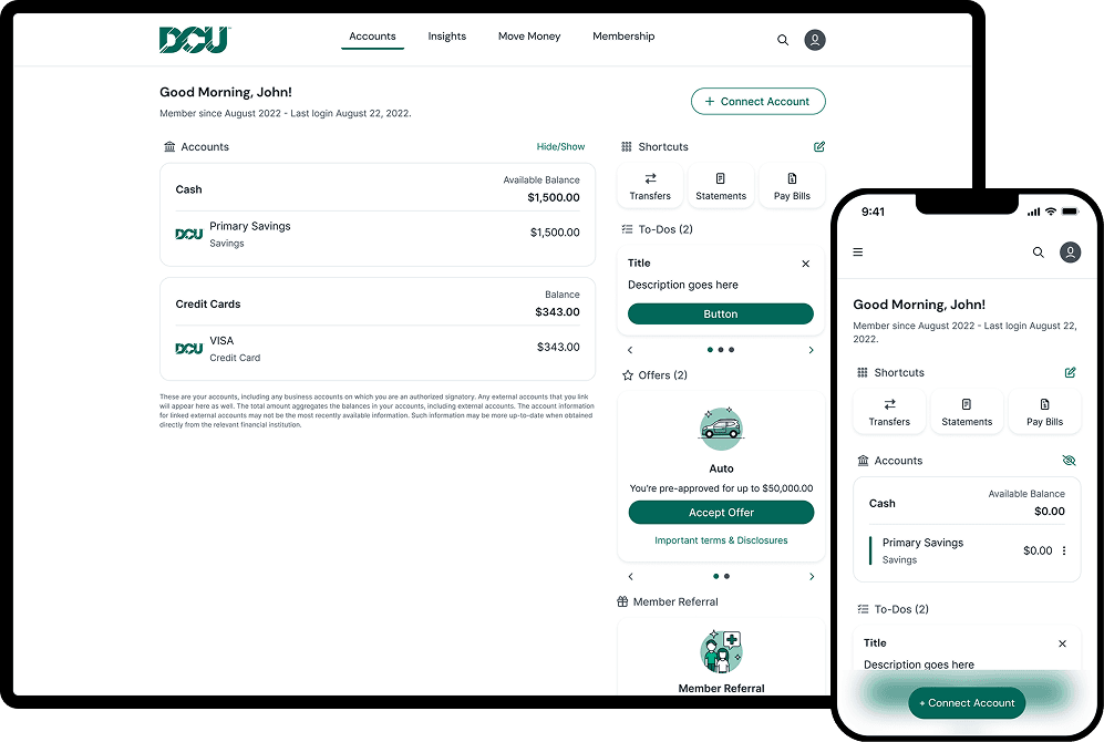 DCU · banking app, client work by VisualBoston
